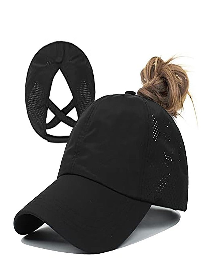 FGSS Criss-Cross Ponytail-Baseball-Cap for Women - Summer Adjustable Quick-Dry High-Messy-Bun Dad-Hat Fit for 22" Black - Image 1